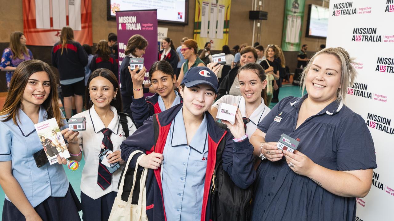 Toowoomba State High School students (from left) Zinah Hamad, Ileeza Aws, Rihana Jamo, Caroline Oliver and Michaela Brink with Taleah Jannusch of Mission Australia at the TSHS Mental Health Expo, Friday, October 14, 2022. Picture: Kevin Farmer