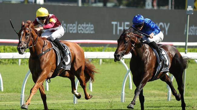 SYDNEY, AUSTRALIA - MARCH 08: Zac Lloyd riding Linebacker win Race 7 The Agency Randwick Guineas during Sydney Racing at Royal Randwick Racecourse on March 08, 2025 in Sydney, Australia. (Photo by Jeremy Ng/Getty Images)