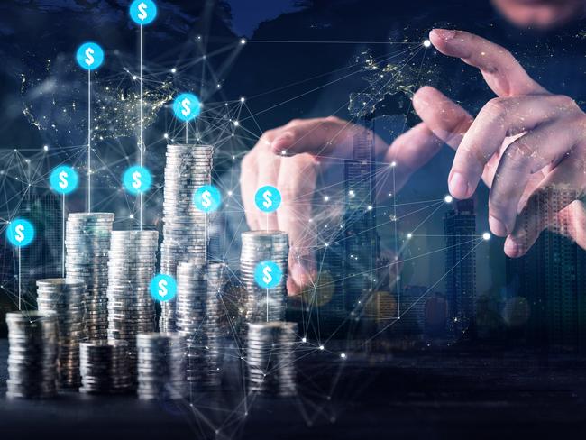 business financial investor hand control money coin stack growth profit strategy ideas concept with virtual icon chart diagram