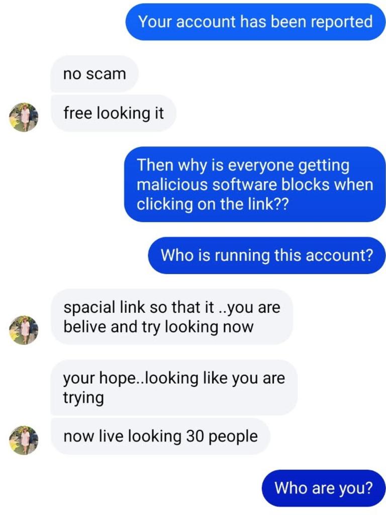 Screenshots of a user's conversation with the scam Facebook page, using Louise Griffith's funeral.