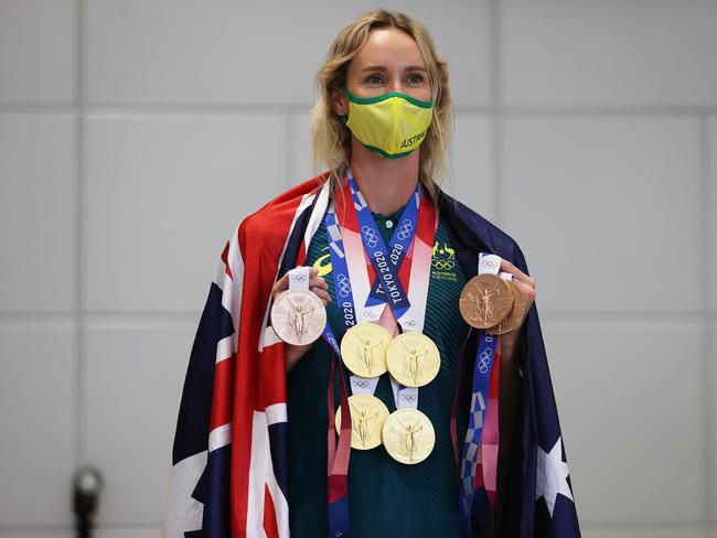 Emma McKeonpictured with her seven Olympics medals from the Tokyo Olympic Games. Picture: James Chance/Getty Images.