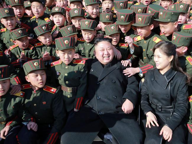 North Korean leader Kim Jong-un and his wife Ri Sol-ju visit a school in Pyongyang earlier this year. Picture: AFP/KCNA via KNS