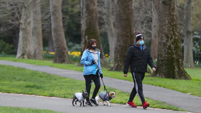 People exercise in Fitzroy Gardens during stage four COVID-19 lockdown. Picture: NCA NewsWire/ David Crosling