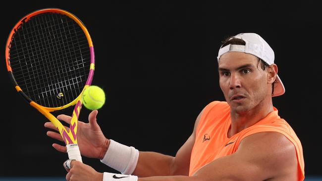 Rafael Nadal practices on Centre Court at the Memorial Drive Tennis Centre in Adelaide. Picture: David Mariuz