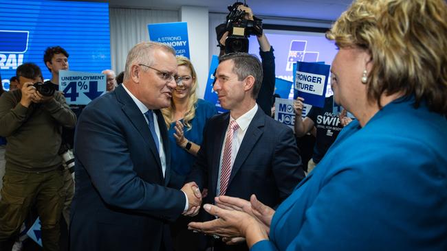 Prime Minister Scott Morrison meeting Finance Minister Simon Birmingham at a Liberal rally on May 4. Picture: Jason Edwards