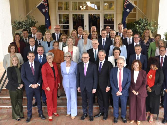 CANBERRA, AUSTRALIA- NewsWire Photos- MAY 13, 2025. The Australian Labor Party with Prime Minister Anthony Albanese stand on the steps of Government House after been sworn in by  The Governor-General, Her Excellency the Honourable Sam Mostyn. Picture: Martin Ollman/ NewsWire