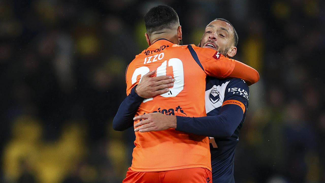 Paul Izzo and Roderick Miranda of the Victory celebrate the win. Picture: Hagen Hopkins/Getty Images