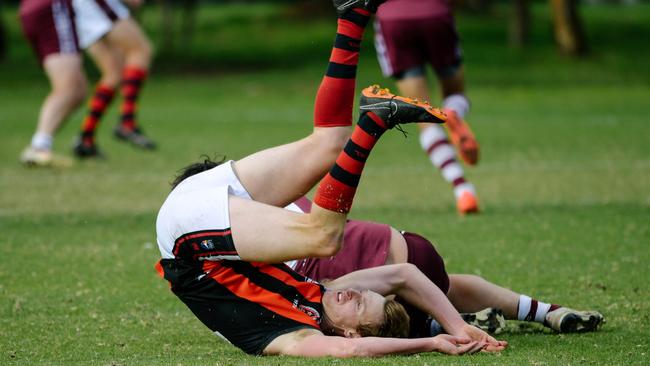 Heath Commane goes over in a clash between ROC and PAOC earlier this season. The Old Reds rolled the hosts on Saturday. Picture: AAP/Morgan Sette