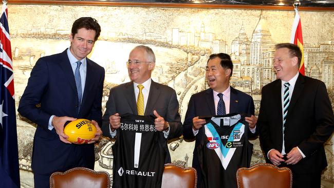 The AFL’s Gillon McLachlan, Malcolm Turnbull, Gui Guojie, Port Adelaide’s Keith Thomas. Picture: Stephen Cooper