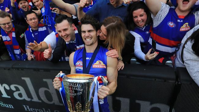 Western Bulldogs captain Easton Wood celebrates with the premiership cup. Picture: Alex Coppel.