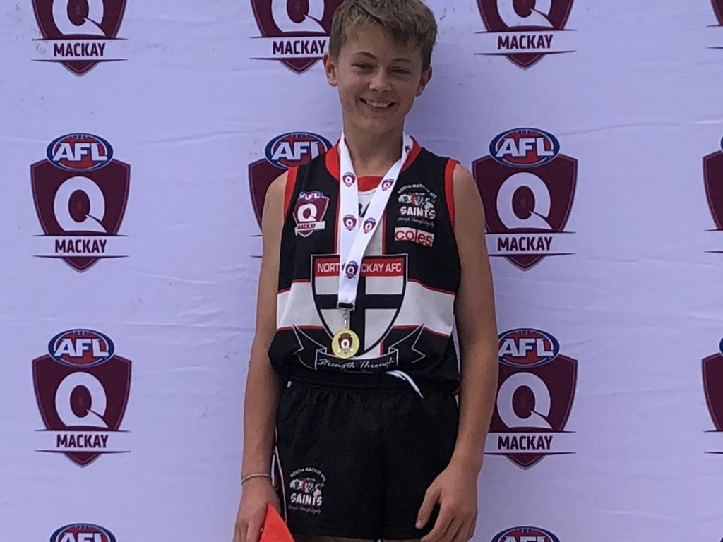 Elias Goss was best-on-ground for the North Mackay Saints in the AFL Mackay U14 boy's grand final. Picture: AFL Queensland.