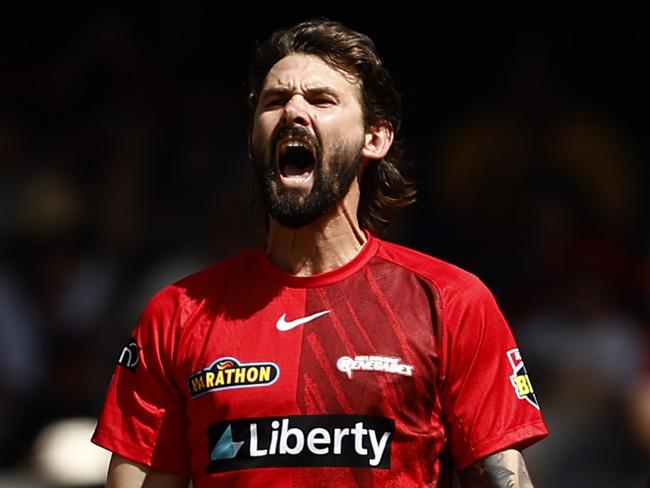 MELBOURNE, AUSTRALIA - JANUARY 01:  Kane Richardson of the Renegades celebrates the wicket of Faf Du Plesssis of the Scorchers during the Men's Big Bash League match between the Melbourne Renegades and the Perth Scorchers at Marvel Stadium, on January 01, 2023, in Melbourne, Australia. (Photo by Darrian Traynor/Getty Images)