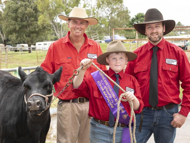 Phil, Koenraad and Robert LaBrie with Longyard Aneesha from Australian Heritage Angus at the Toowoomba Royal Show. Saturday, March 26, 2022. Picture: Nev Madsen.