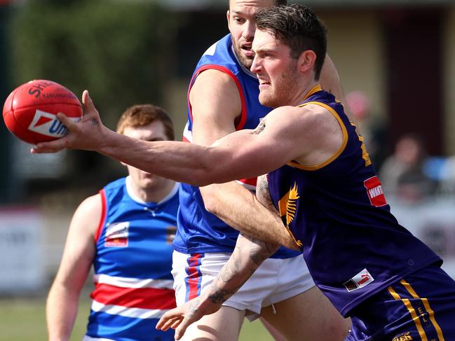 Liam Buxton (front) of Vermont contests with Trent Zomer of South Croydon during EFL (Div 1): Vermont v South Croydon at Bayswater Oval on Saturday, September 9, 2017, in Bayswater, Victoria, Australia.Picture: Hamish Blair