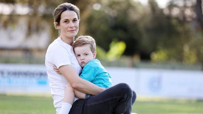 Sarah Timms with three-year-old George who was swooped by a magpie in Aspley at the weekend. Picture: Tara Croser.