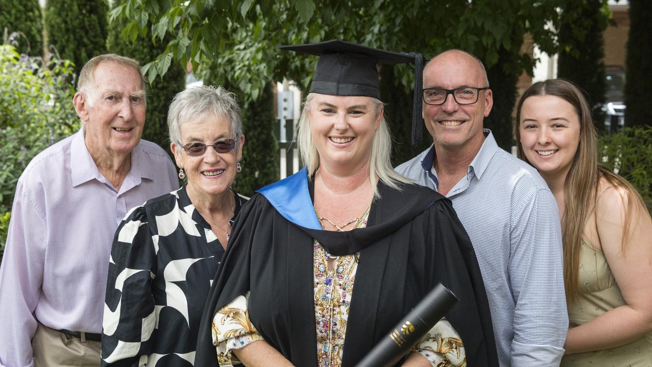 Graduate Certificate of Nursing graduate Fiona Hogg with (from left) David Beach, Stephanie Beach, Steven Hogg and Jade Jacobs at a UniSQ graduation ceremony at Empire Theatres, Tuesday, February 13, 2024. Picture: Kevin Farmer