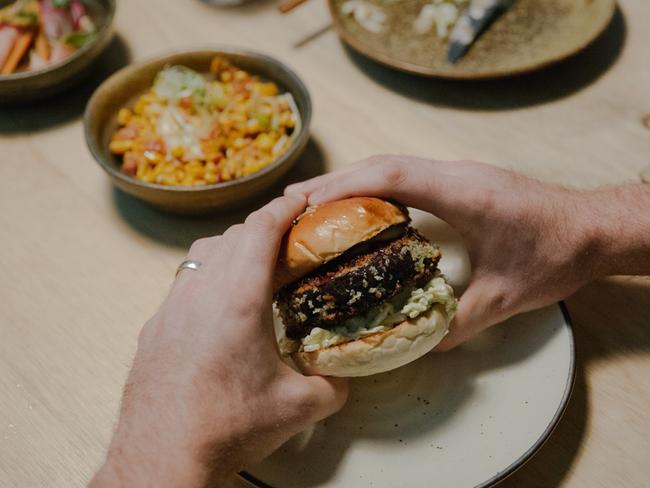 Rising Sun Workshop's eggplant katsu burger. Picture: Kate Disher-Quill.