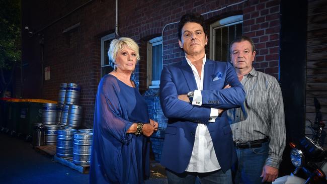 Debra Byrne, Vince Colosimo and Kevin Harrington pose up as the Moran family for the Chopper Underbelly series. Picture: Tony Gough