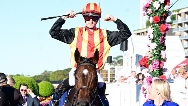 Chris Munce and Kyle Wilson-Taylor combine to win their first Group 1 with Palaisipan in the Tattersall's Tiara at Eagle Farm. Picture: Grant Peters - Trackside Photography