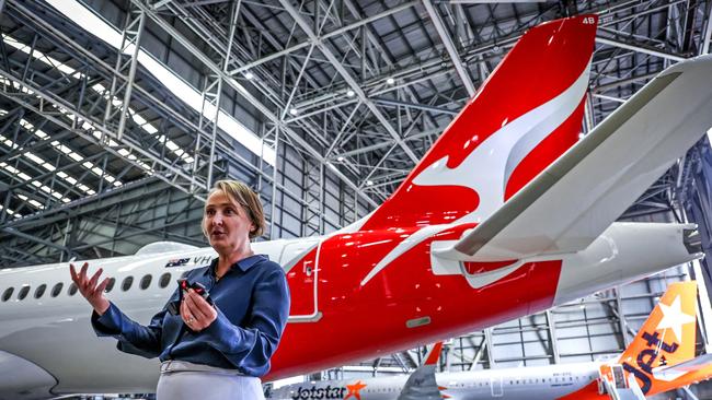 Qantas chief executive Vanessa Hudson speaks as she stands in front of a new Jetstar and Qantas Airbus A220 aircraft earlier this year. Picture: AFP