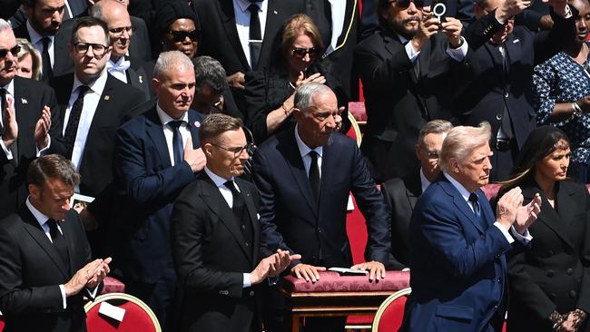 France's President Emmanuel Macron, Finland's President Alexander Stubb, US President Donald Trump and his wife Melania Trump at the Pope’s funeral. Picture: AFP
