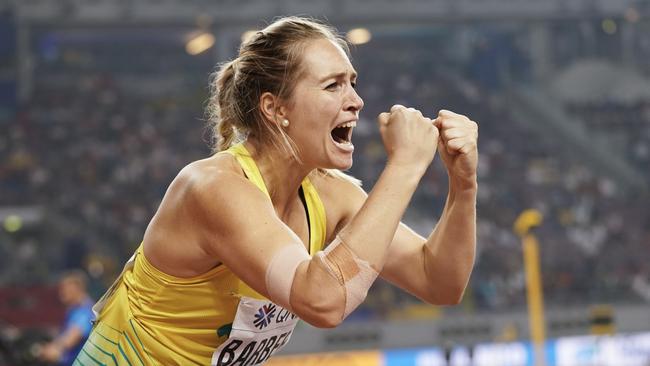 Kelsey-Lee Barber, of Australia, celebrates during the women's javelin throw final at the World Athletics Championships in Doha, Qatar, Tuesday, Oct. 1, 2019. Barber won the gold medal in the event. (AP Photo/David J. Phillip)