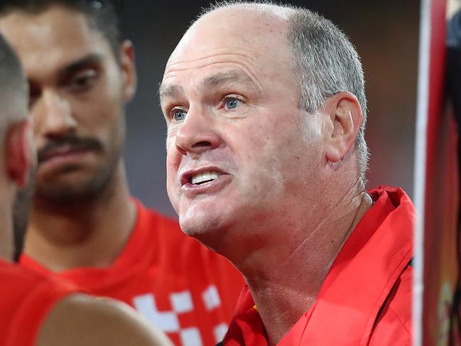 GOLD COAST, AUSTRALIA - JULY 29:  Suns coach Rodney Eade talks to players during the round 19 AFL match between the Gold Coast Suns and the Richmond Tigers at Metricon Stadium on July 29, 2017 in Gold Coast, Australia.  (Photo by Chris Hyde/Getty Images)