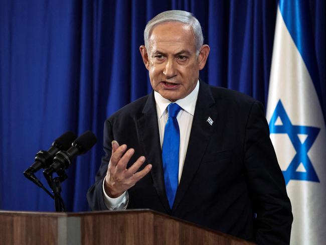 Israeli Prime Minister Benjamin Netanyahu at a press conference in Tel Aviv. Picture: AFP