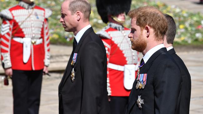 Prince William, Duke of Cambridge; Prince Harry, Duke of Sussex and Peter Phillips walk behind Prince Philip, Duke of Edinburgh's coffin, carried by a Land Rover hearse. Picture: Getty Images