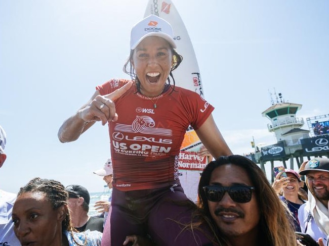 HUNTINGTON BEACH, CALIFORNIA - AUGUST 11: Sally Fitzgibbons of Australia after winning the Final at the Lexus US Open of Surfing on August 11, 2024 at Huntington Beach, California. (Photo by Emma Sharon/World Surf League)