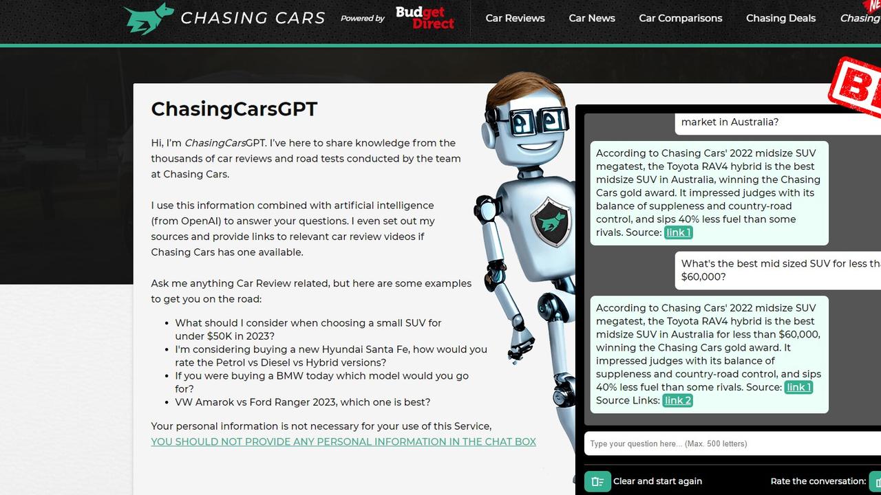 ChasingCarsGPT is a new service powered by OpenAI technology. Picture: Supplied