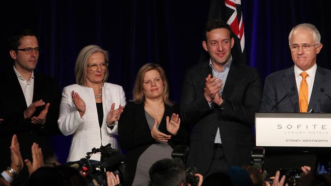 Alex Turnbull, Lucy Turnbull, Daisy Turnbull-Brown, Captain James Brown and Malcolm Turnbull on federal election night 2016. Picture: Hollie Adams.