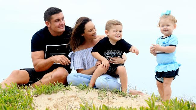 Cronulla’s Chris Heighington with wife Sonya and children Rocco and Billy as he prepares to play his 300th NRL game. Picture: Adam Taylor