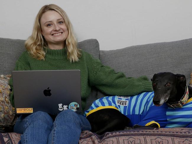 Cisco cybersecurity sales specialist Yvette Vials working from home with her pet greyhound "Delores".   Status of remote Working from home, 3 years after the Covid Pandemic. Picture: John Appleyard