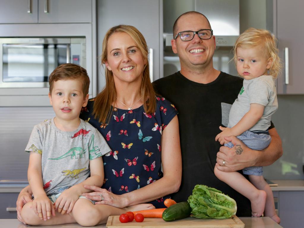 Alana Stenlake with her husband Adam and their children, L to R, Miles, 4, and Max, 18 months, at their home in Five Dock, Sydney. Picture: Liam Driver