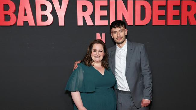 Jessica Gunning (L) and Richard Gadd attend the photocall for Netflix's "Baby Reindeer" in Los Angeles, California. Picture: AFP.