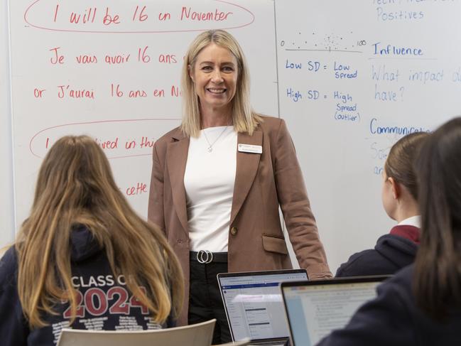 Mitcham Girls school ranked highly in NAPLAN and student numbers have grown by 40 per cent in the past five years. Principal Rosie Heinicke with Year 12 Students Annabel Williams,Hollie Millar and Sarah Honter.  18th October 2024. Picture: Brett Hartwig