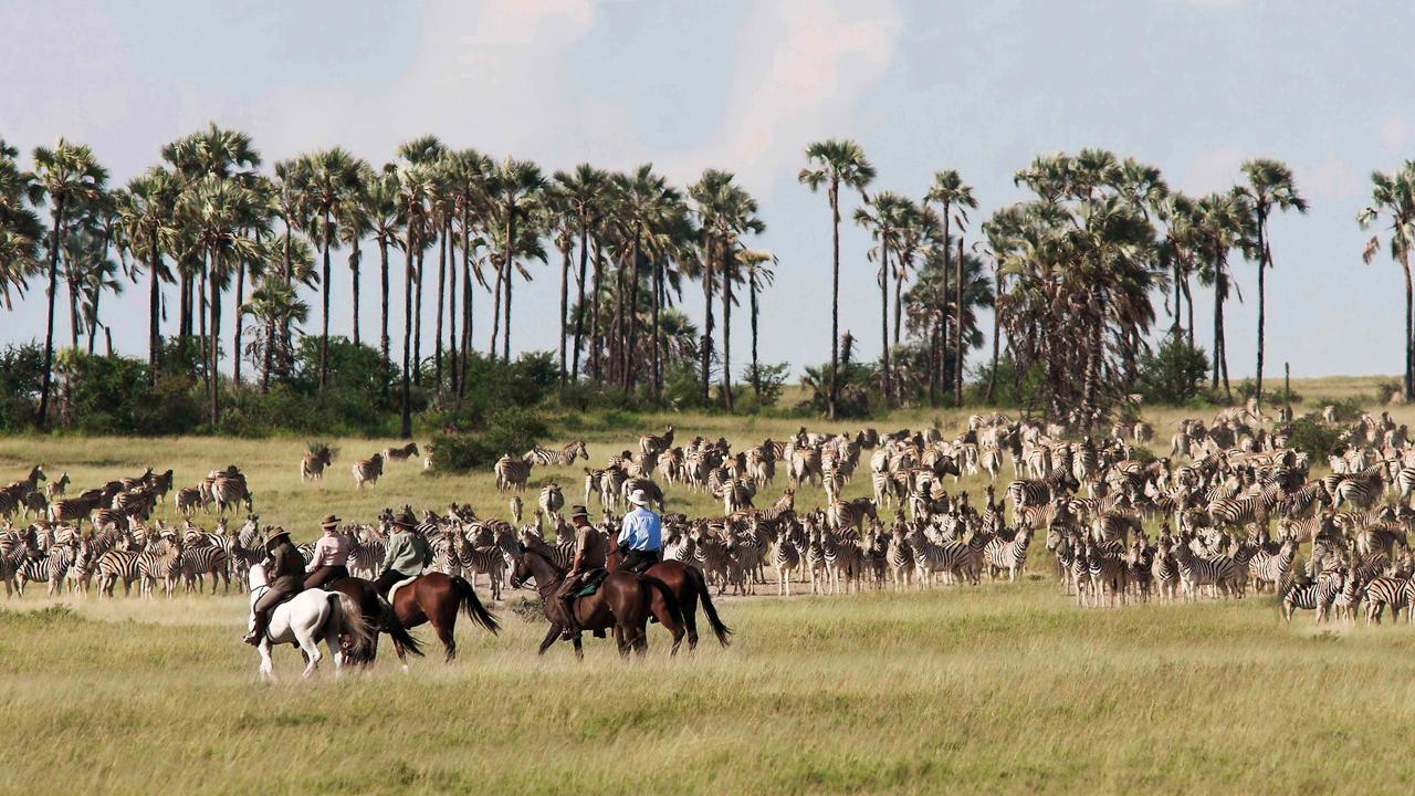 Tourists enjoying a horse riding safari through at the Makgadikgadi Salt Pans near Camp Kalahari in Botswana during the wet season migration.