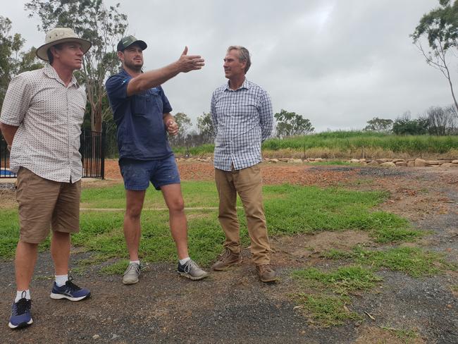 Luke Nixon (centre) talks about plans to rebuild his home which was destroyed by last November's Cobraball bushfires with Crs Adam Belot and Pat Eastwood.