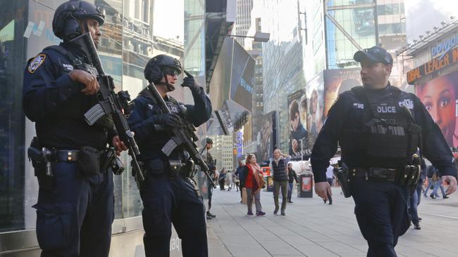 Officers from the NYPD anti-terror unit patrol New York’s Times Square after a number of credible terror threats. Picture: AP