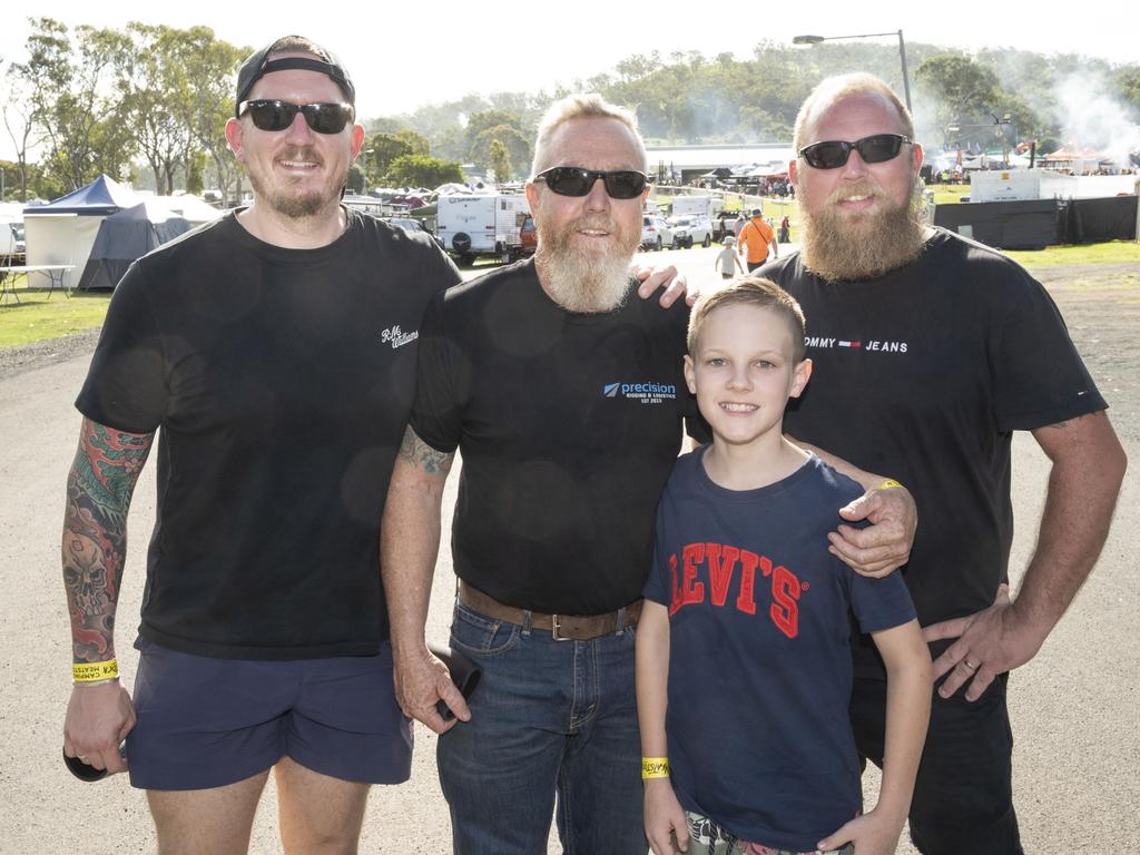 (from left) Luke Williams, Tony Williams, Xavier-Lee Williams and Brodie Jones at Meatstock, Toowoomba Showgrounds. Friday, April 8, 2022. Picture: Nev Madsen.