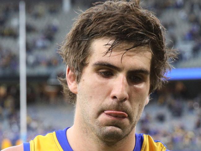 Andrew Gaff of the Eagles leaves the field after losing the Round 20 AFL match between the West Coast Eagles and the Fremantle Dockers at Optus Stadium in Perth, Sunday, August 5, 2018. (AAP Image/Richard Wainwright) NO ARCHIVING, EDITORIAL USE ONLY