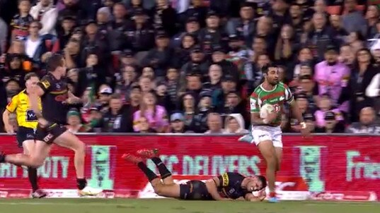 Cleary puts his shoulder landing work into practice against South Sydney in round 4. Picture: Supplied