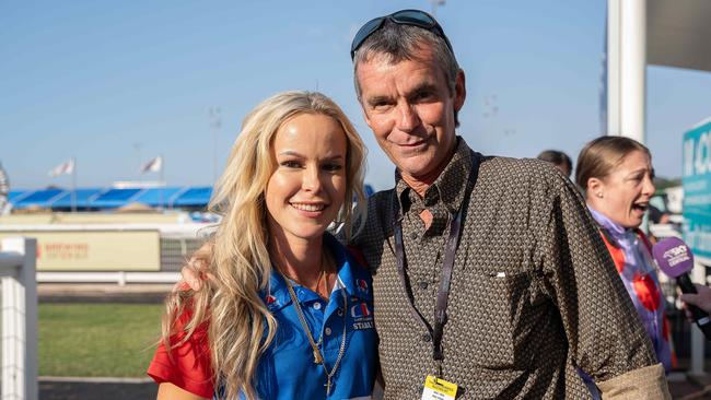 Ella Clarke won the Silks Darwin Handicap at the 2023 Darwin Cup with her dad and champion trainer Gary Clarke. Picture: Pema Tamang Pakhrin