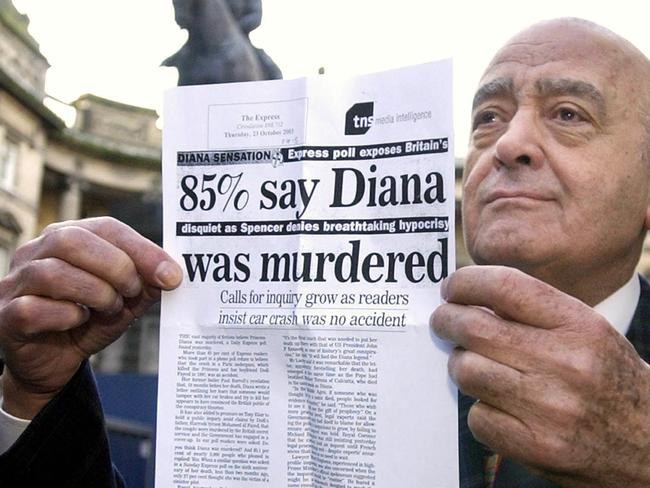 Mohamed al Fayed outside court in Edinburgh, Scotland where he presented a request for a public investigation into the death of Diana Princess of Wales and his son Dodi in 2003. Picture: AP