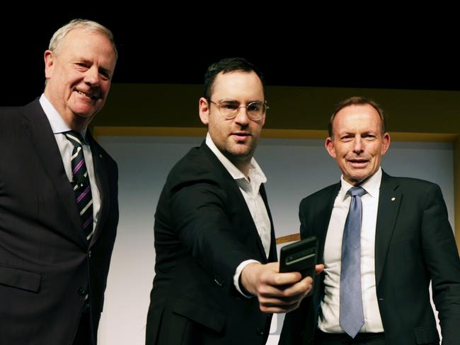 Former Treasurer Peter Costello, CEO Australian Jewish Association Robert Gregory, Former Prime Minister Tony Abbott , Virginia and President Australian Jewish Association David Adler on stage at the Alliance of Responsible Citizens conference. Jane Dempster/The Australian.