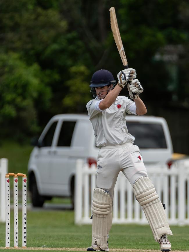 Mudgeeraba Nerang batsman Oscar Richardson in action against Broadbeach Robina on Saturday. Picture: KPM Sports Images