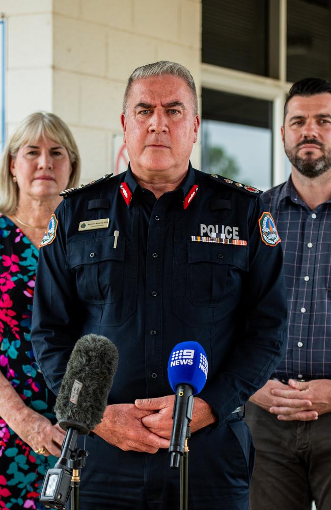 Chief Minister Eva Lawler with NT Police Commissioner Michael Murphy and Police Minister Brent Potter. Picture: Pema Tamang Pakhrin