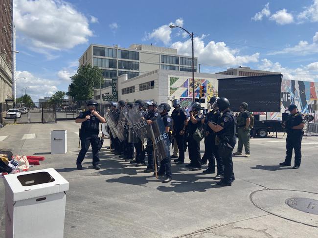 Riot police get ready in Tulsa as the Trump rally kicks off. Picture: Sarah Blake