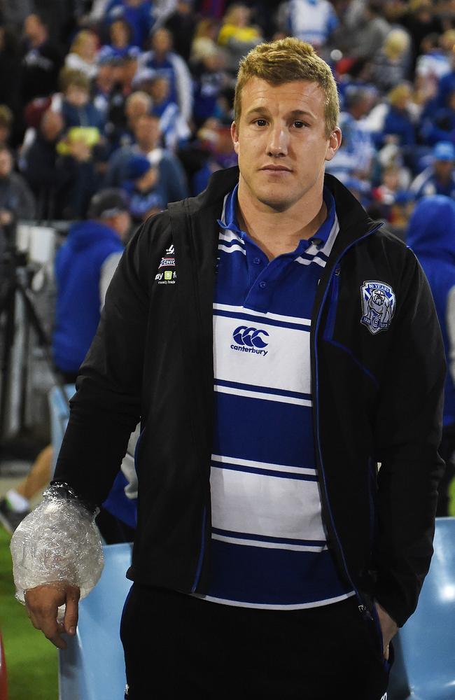 Trent Hodkinson tore ligaments and dislocated a bone in his wrist playing for the Bulldogs in 2015. Picture: Dean Lewins